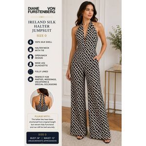 Diane von Furstenberg Ireland Silk Halter Jumpsuit Black Ivory Print Sz 0